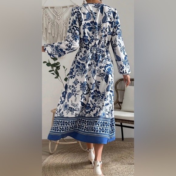 Vacation all over floral print, blue midi dress with lantern sleeves. - Picture 2 of 4